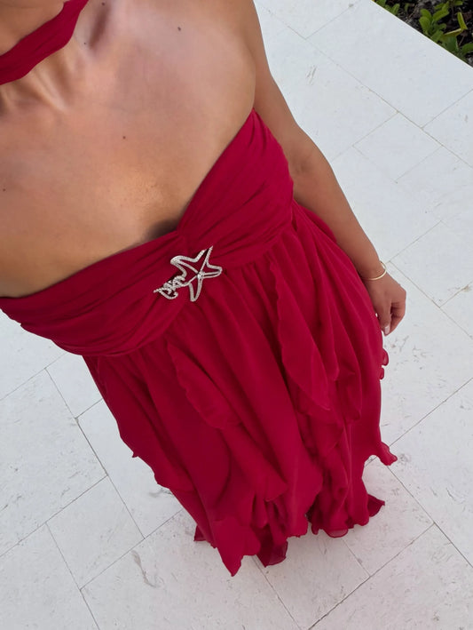 Liora Halter Ruffle Chiffon Maxi Dress In Red