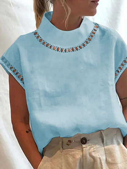 Casual Hollow Out High Neck Short Sleeve Blouse