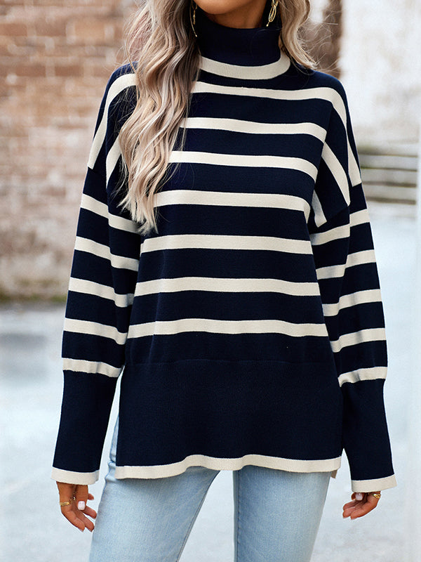 Loose Wrap Contrast Color Split-Side Striped High-Neck Sweater Tops