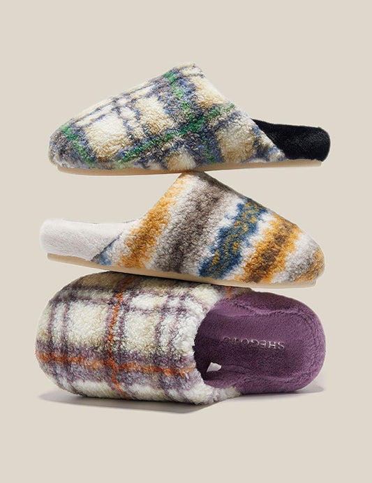Plush Warm Thick Soles Color Block Slippers