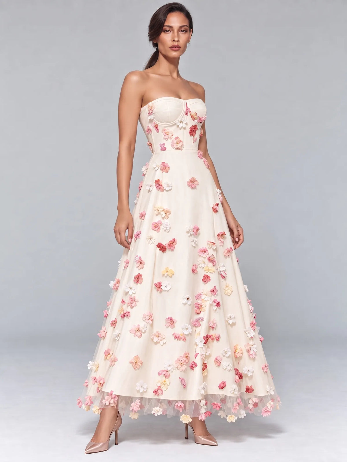 Peyton 3D Floral Strapless Midi Dress
