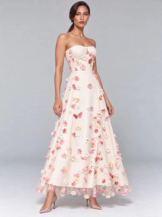 Peyton 3D Floral Strapless Midi Dress
