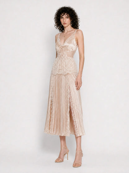 Zora Lace and Satin Panel Midi Dress