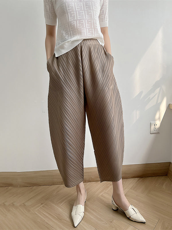 Harem Pants High Waisted Elasticity Pleated Solid Color Split-Joint Ninth Pants Pants Trousers