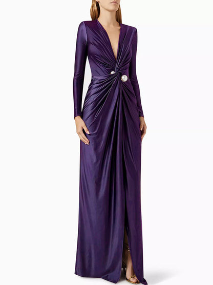Bodycon Long Sleeves Pleated Solid Color Split-Front Tied Waist Deep V-Neck Maxi Dresses