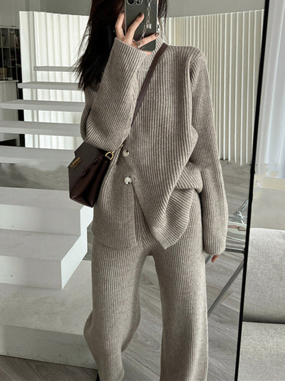 Casual Loose Solid Color Half Turtleneck Sweater Tops & Wide Leg Pants Suits