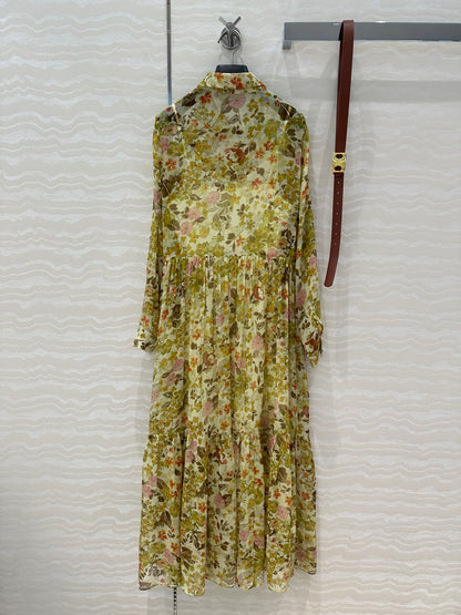 Celine Floral Pattern Dress Green Silk