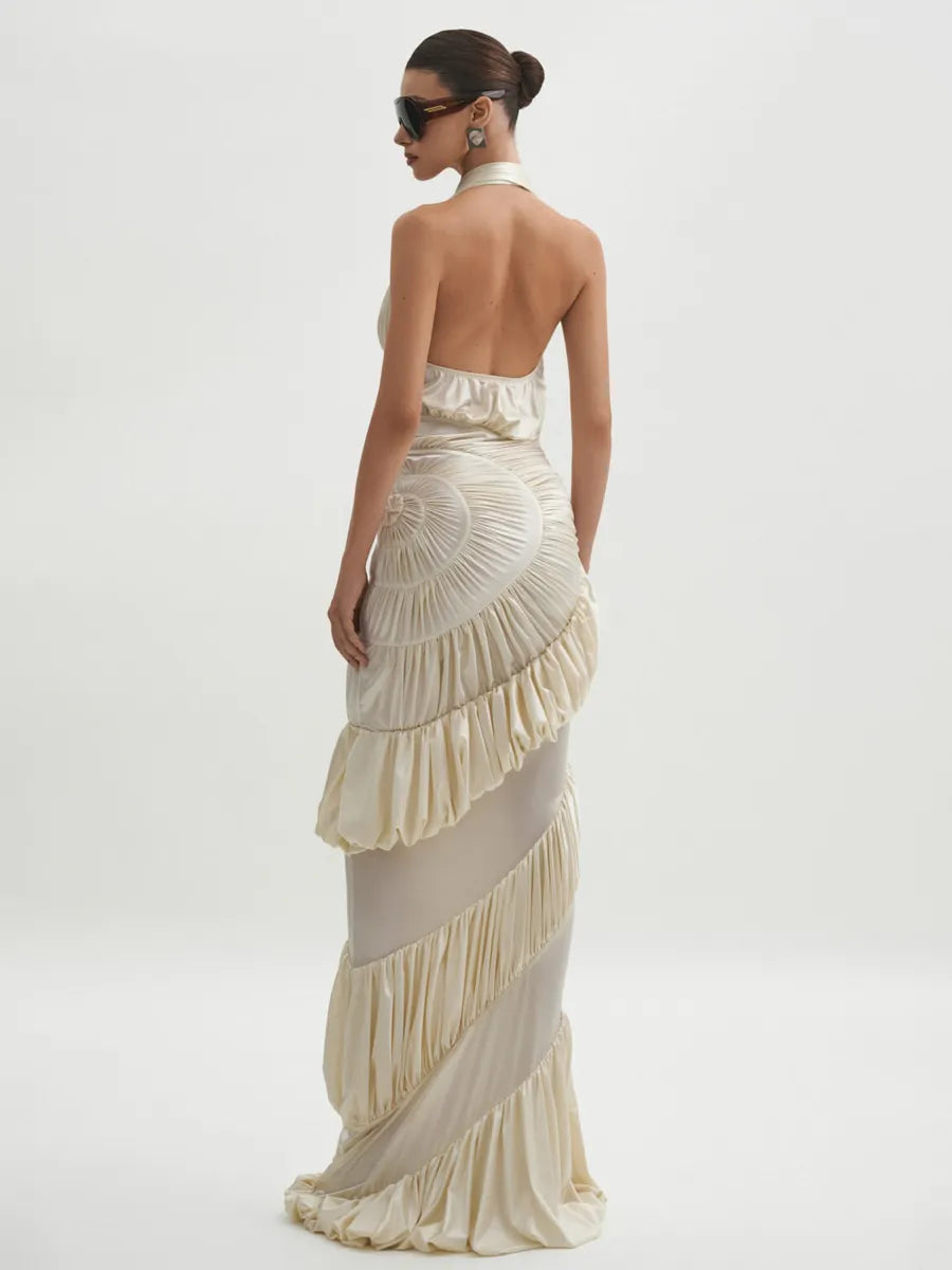 Marina Tiered Pleated Halter Maxi Dress In Ivory