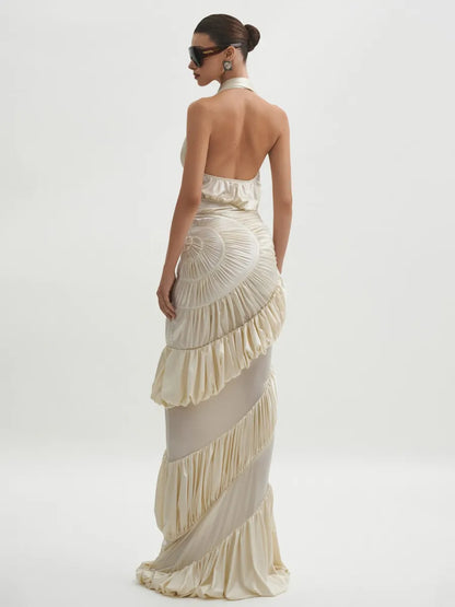 Marina Tiered Pleated Halter Maxi Dress In Ivory