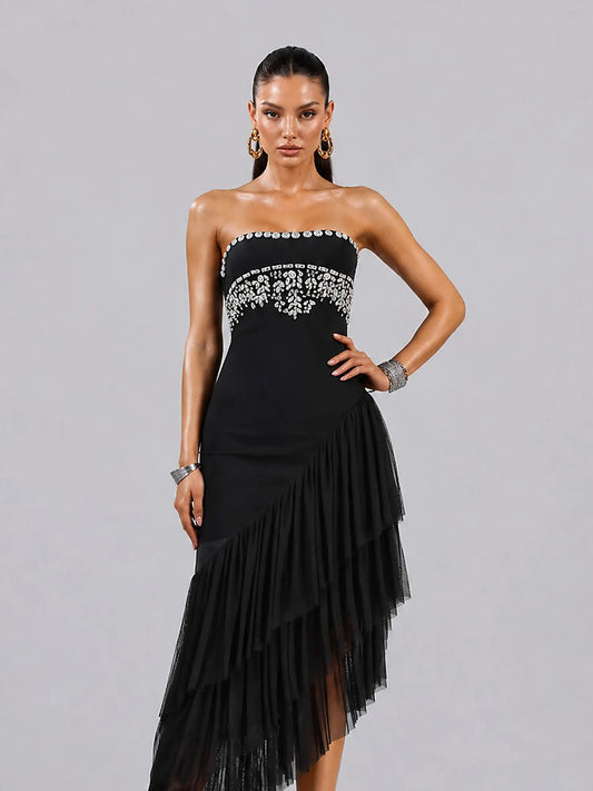 Rosalinda Strapless Floral Leaf Rhinestone Asymmetric Mesh Bandage Midi Dress