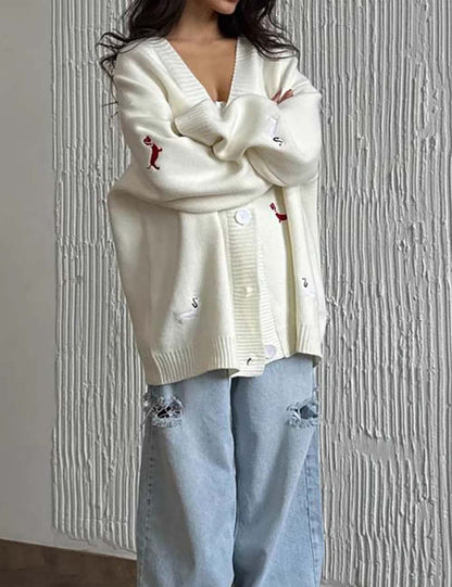 Cute Animal Embroidery V-Neck Oversized Cardigan