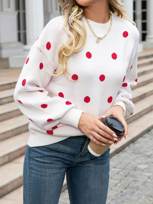 Long Sleeves Loose Polka-Dot Knitwear Pullovers Sweater Tops
