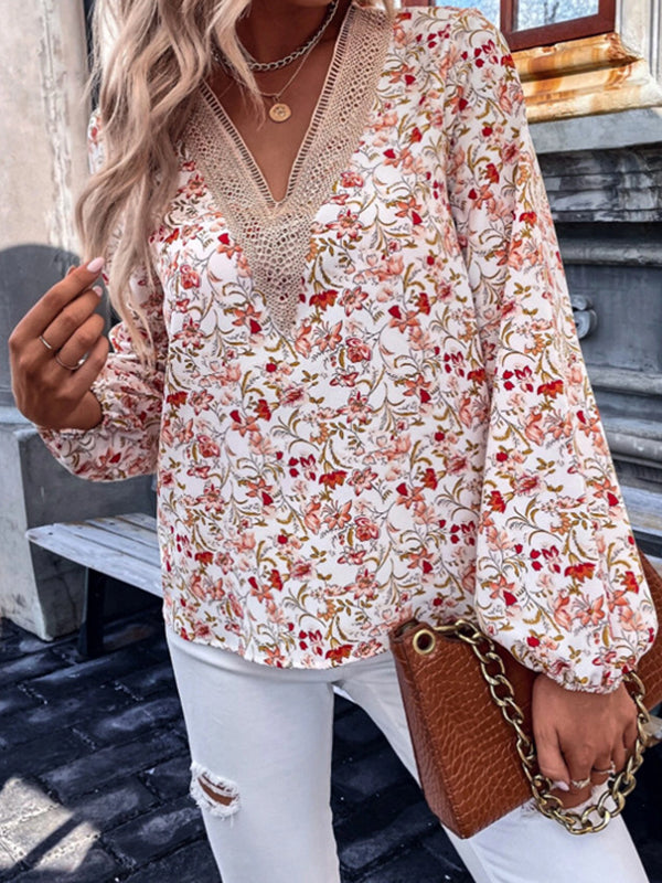 Long Sleeves Loose Elasticity Flower Print Split-Joint V-Neck Blouses&Shirts Tops