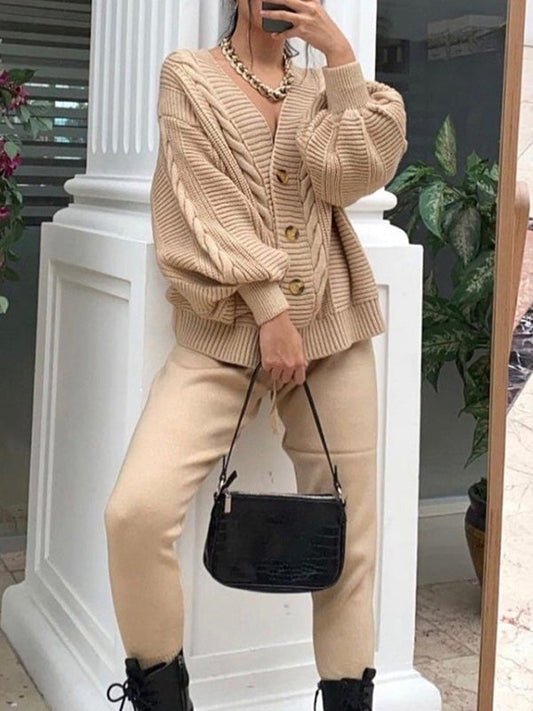 Fashion V-Neck Loose Buttoned Top&Pants Solid Color Knitting Suit