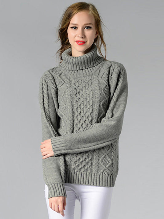 Casual 5 Colors Jacquard High-Neck Long Sleeves Sweater Top