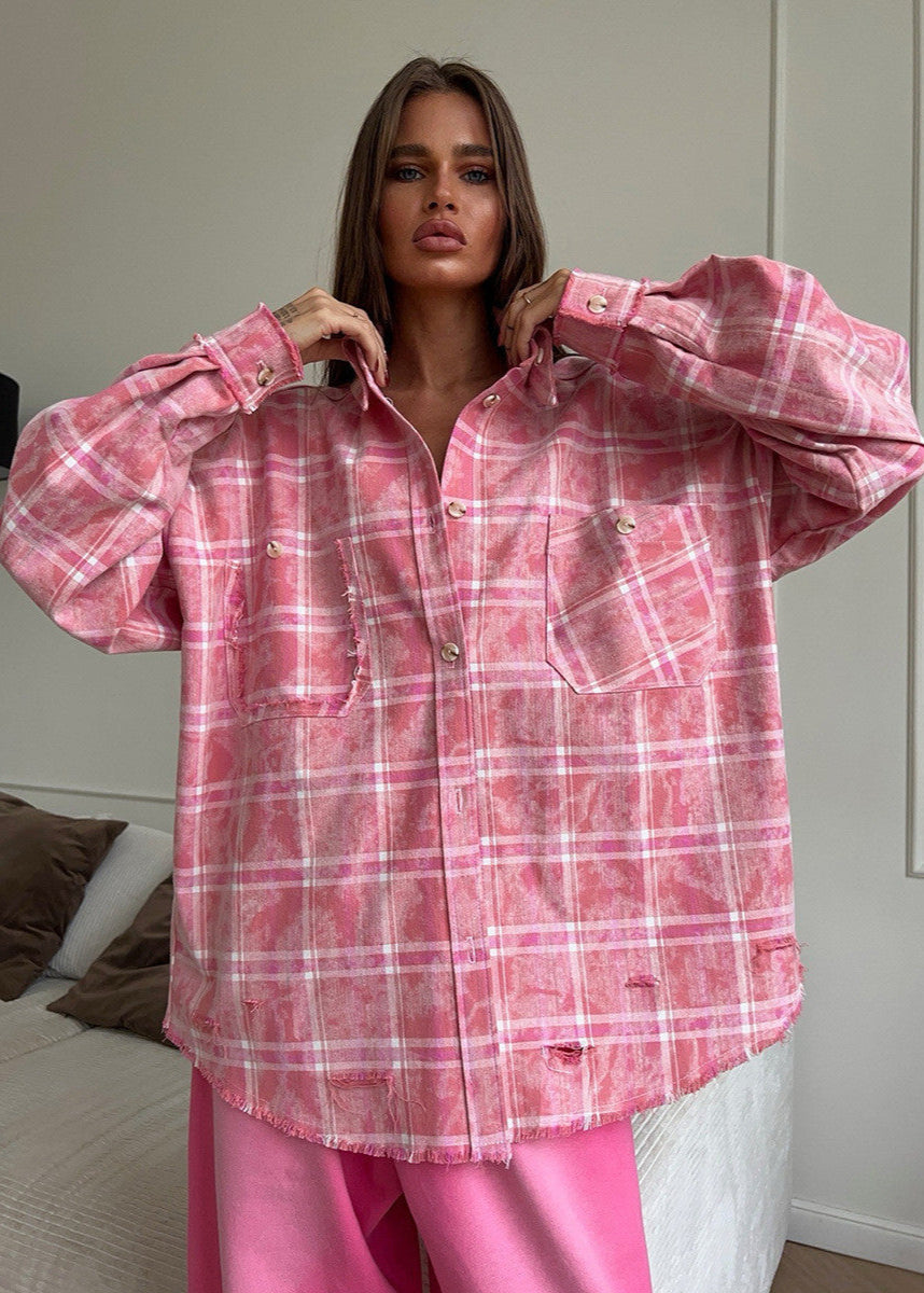 Oversized Cotton Polyester Plaid Shirt With Distressing