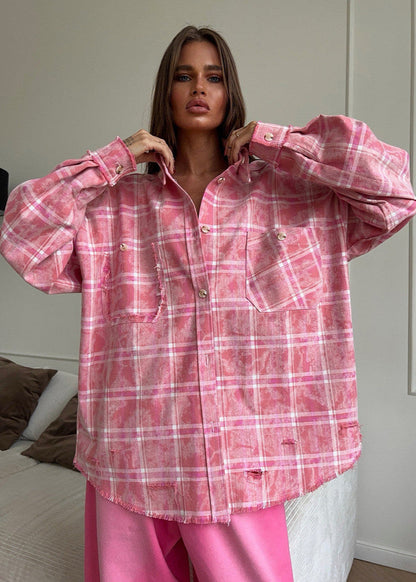 Oversized Cotton Polyester Plaid Shirt With Distressing