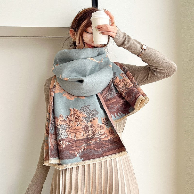 Fashionable Printed Imitation Cashmere Tassel Scarf