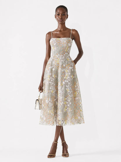 Salma Floral-Embroidered Spaghetti-Strap Midi Dress