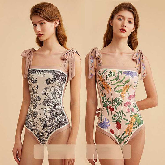 Double Fabric Vintage Print Swimsuit One-Piece Swimsuit Women