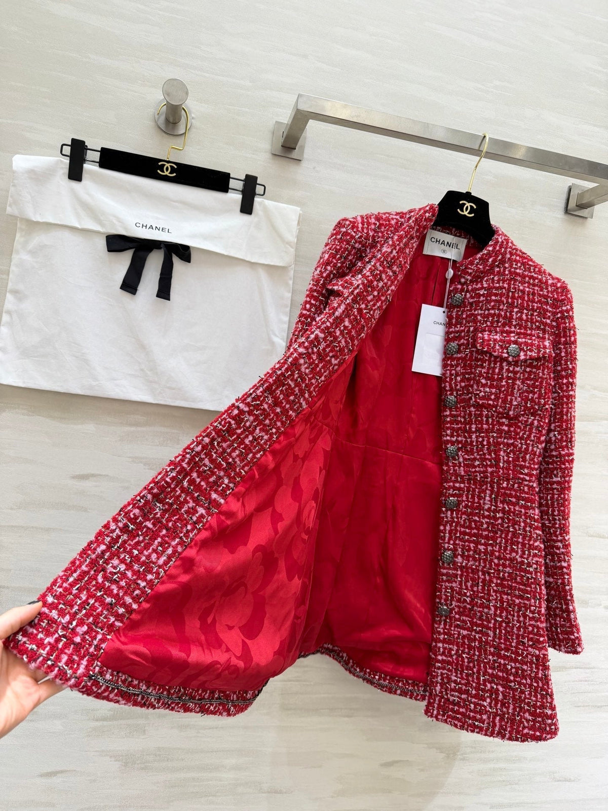 CC Woven Tweed Long-Sleeved Dress Red Pink Tweed 343197