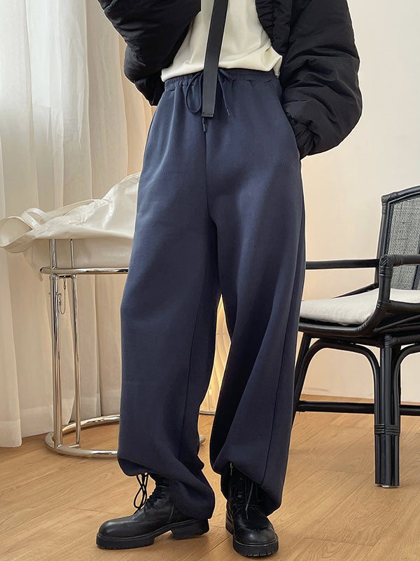 Simple Wide Leg Loose Velvet Drawstring Solid Color Casual Pants Bottoms
