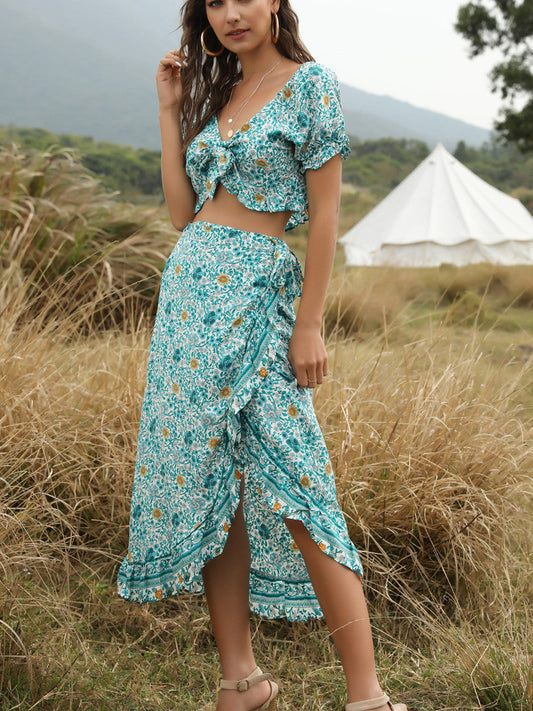 Bohemian Women'S Irregular Half Skirt Umbilical Top Two Sets