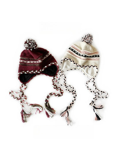 Haila - Color-blocking Beanie with Pom-pom and Braid