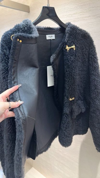 CELINE Shearling Black Coat 333331