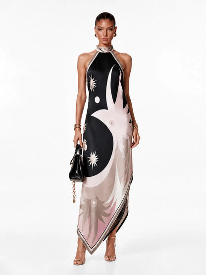 Hazel Printed Halter-Neck Backless Maxi Dress