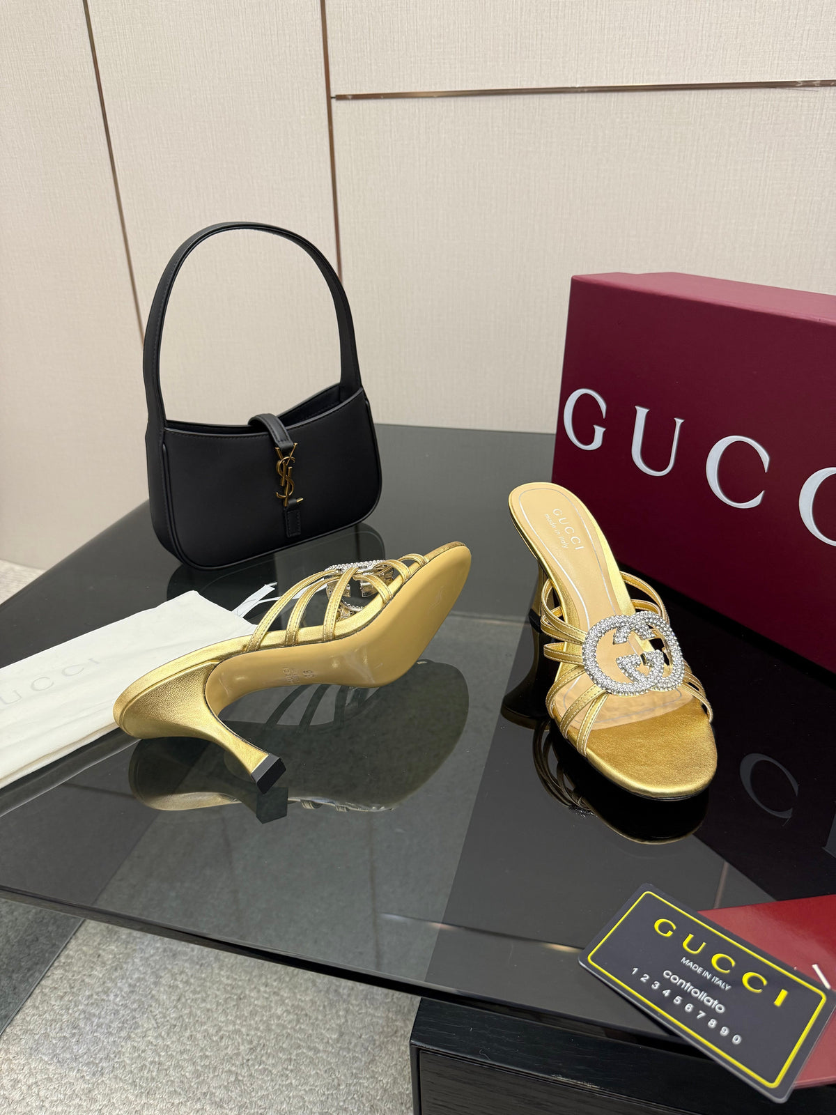 Women's Slide 85mm With Crystal Interlocking G Gold Leather