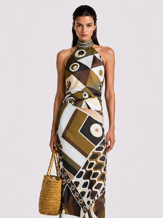 Delaney Printed Halter-Neck Backless Maxi Skirt Set