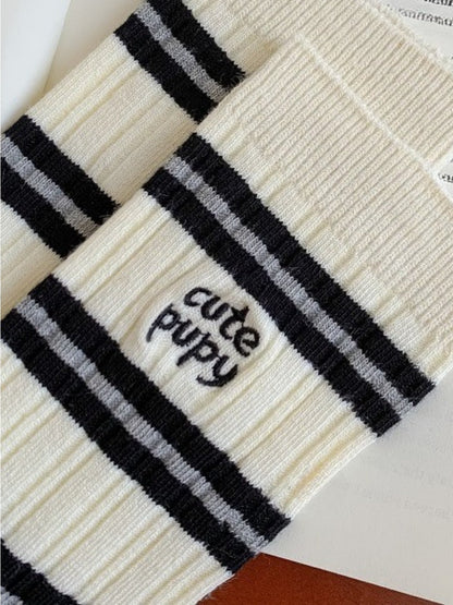 Rufia - Stripes Mid-calf Socks with Dog Patterns