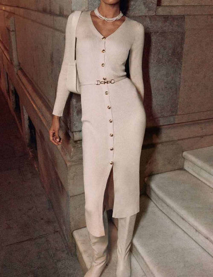Fall Long Sleeve V-Neck Button Knit Dress