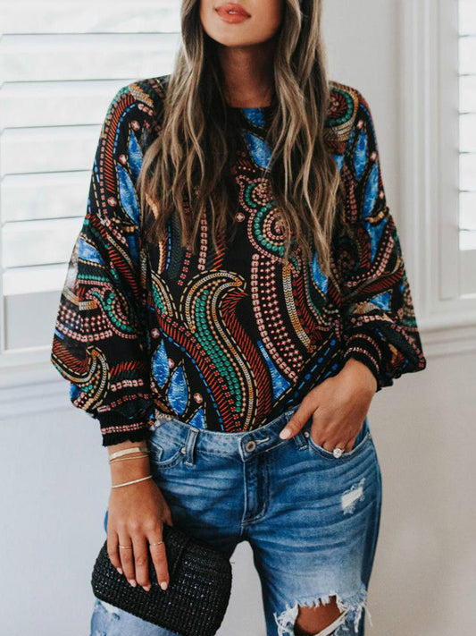Female T-Shirt  Women Casual Printing O-Neck Long Sleeves Pullover T-Shirt Tops Autumn Lantern Sleeve Streetwear