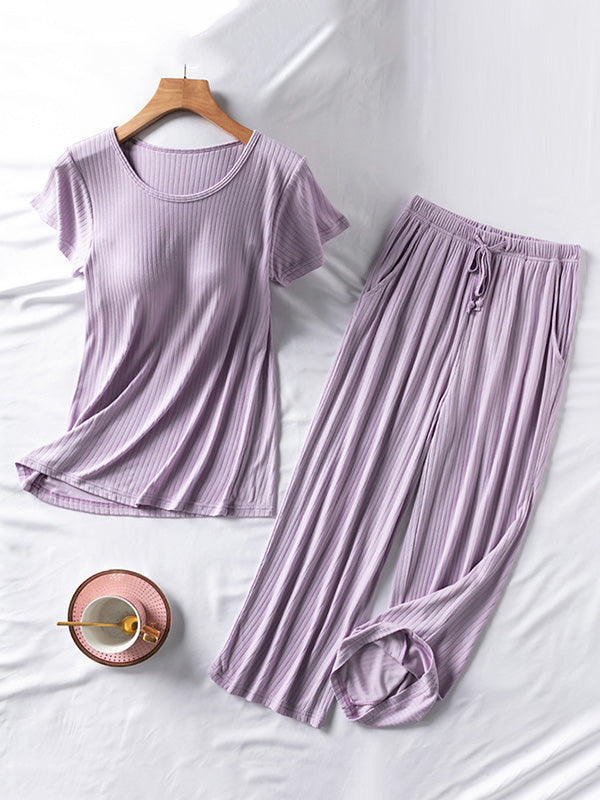 Solid Color Short Sleeve T-Shirts&Cropped Pants Pajamas Sets