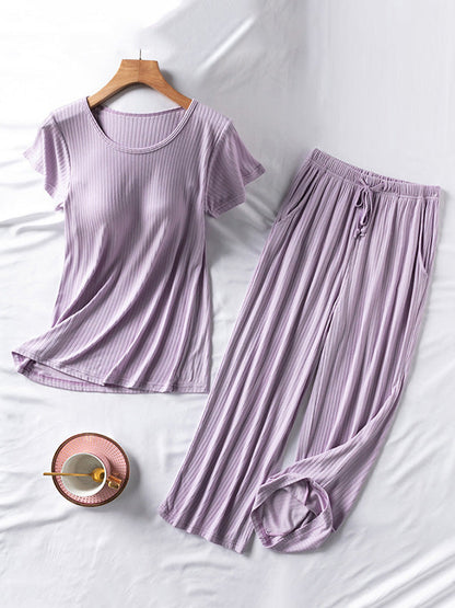 Solid Color Short Sleeve T-Shirts&Cropped Pants Pajamas Sets