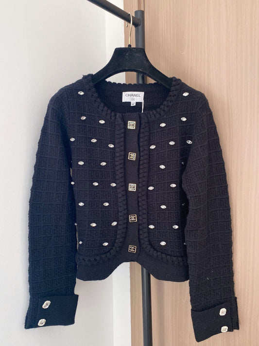 Chanel 2025 Cardigan With Rhinestone Embellishment Black Wool