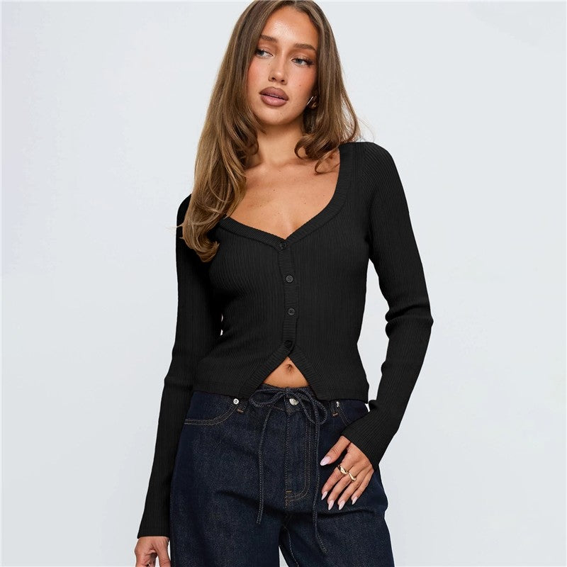 V Neck Long Sleeve Ribbed Button Cardigan