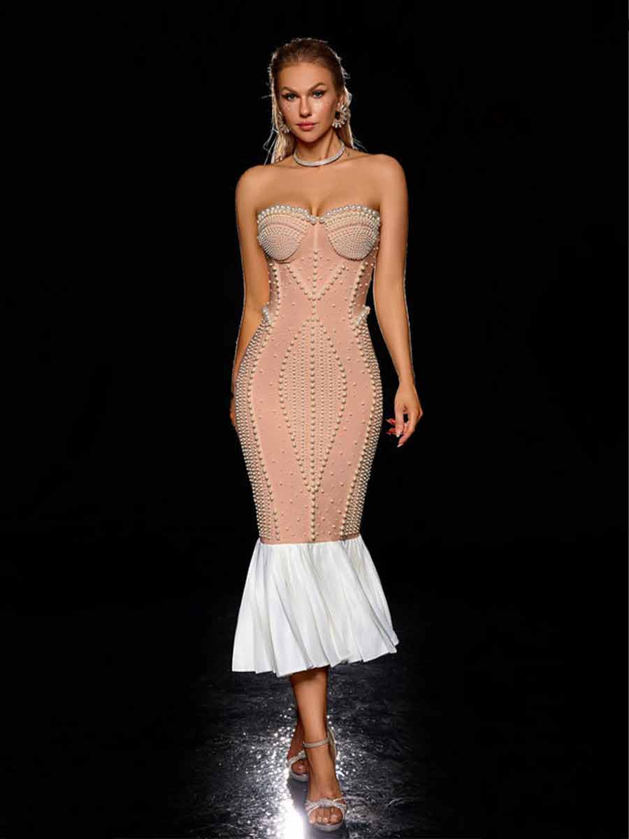 Zyra Pleated-hem Bandage Pearl Midi Dress