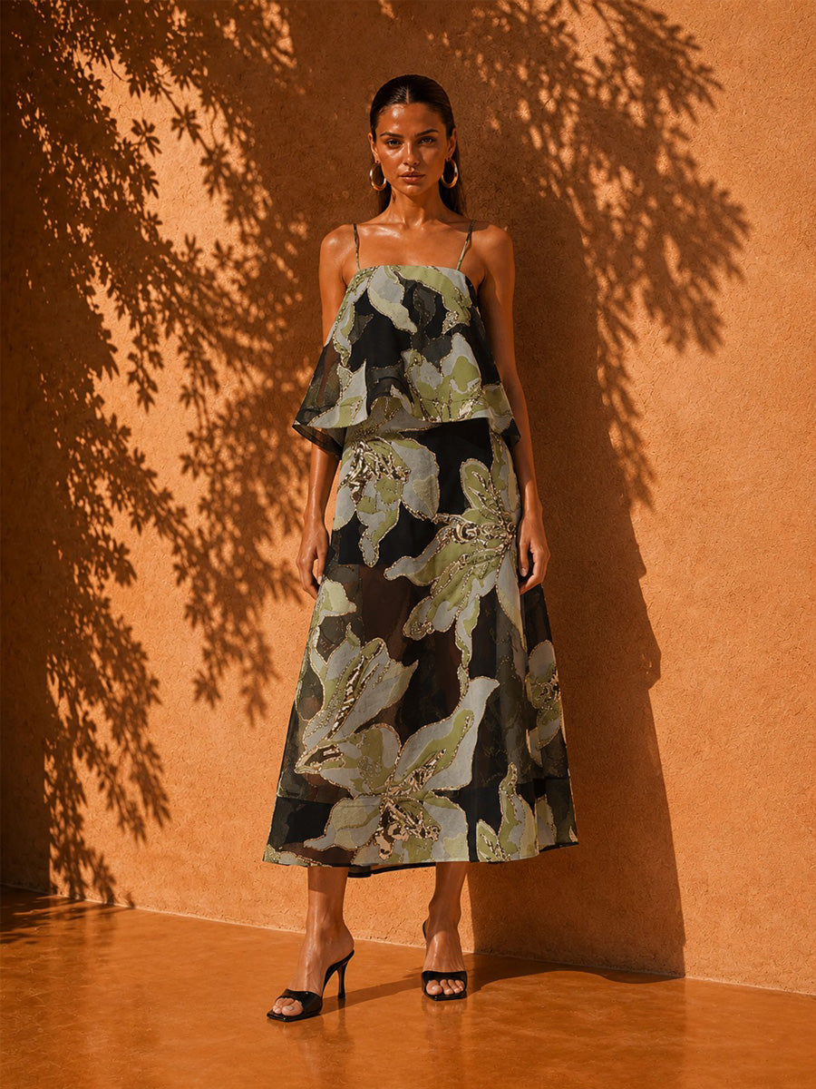 Hannah Printed Mesh Strappy Midi Dress