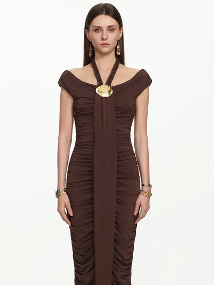 Greta Elegant Sleeveless Ruched Knit Brown Maxi Dress