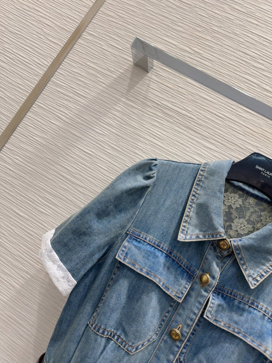 YSL 25 Denim Puff-sleeve Sress with Gathered Waist Blue Cotton