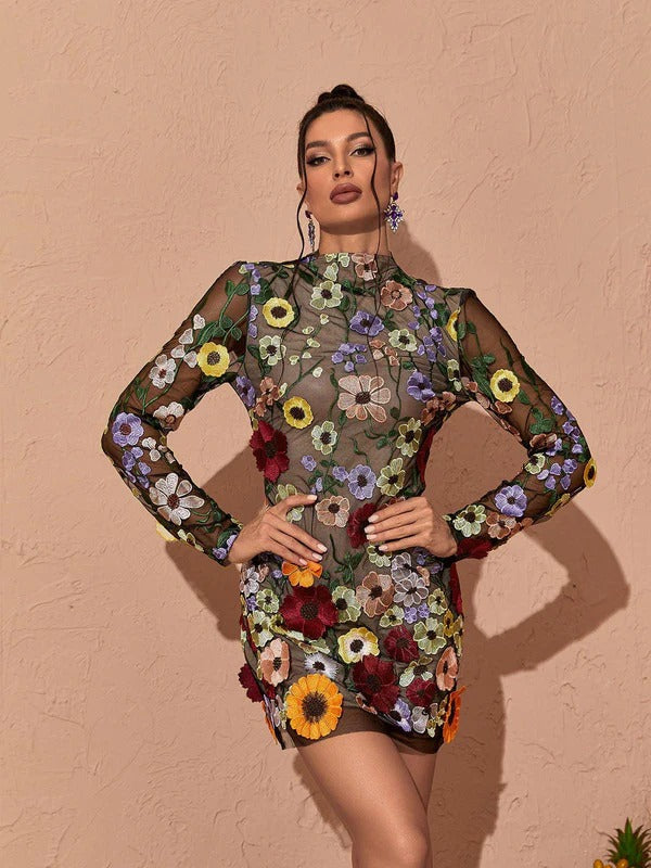 Saige Long Sleeve Mesh Flower Mini Dress