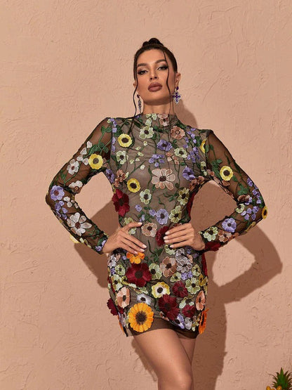 Saige Long Sleeve Mesh Flower Mini Dress