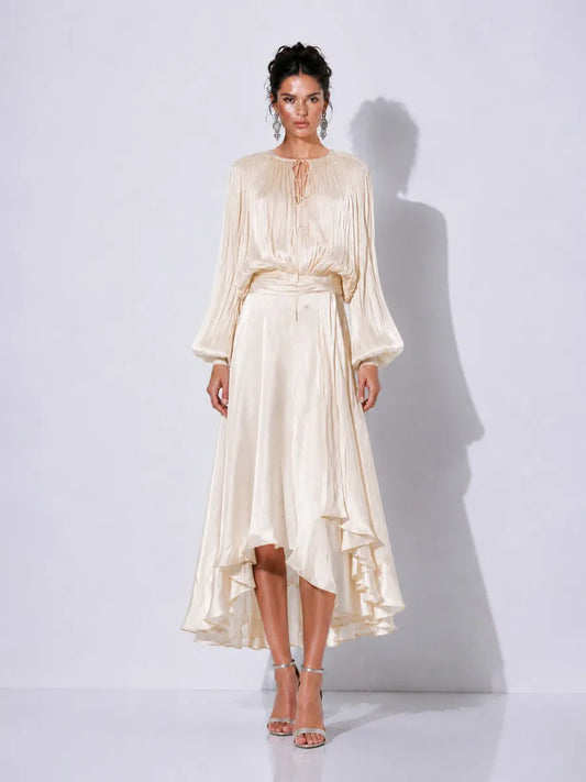 Estella Elegant Tie-Neck Long-Sleeve Maxi Dress