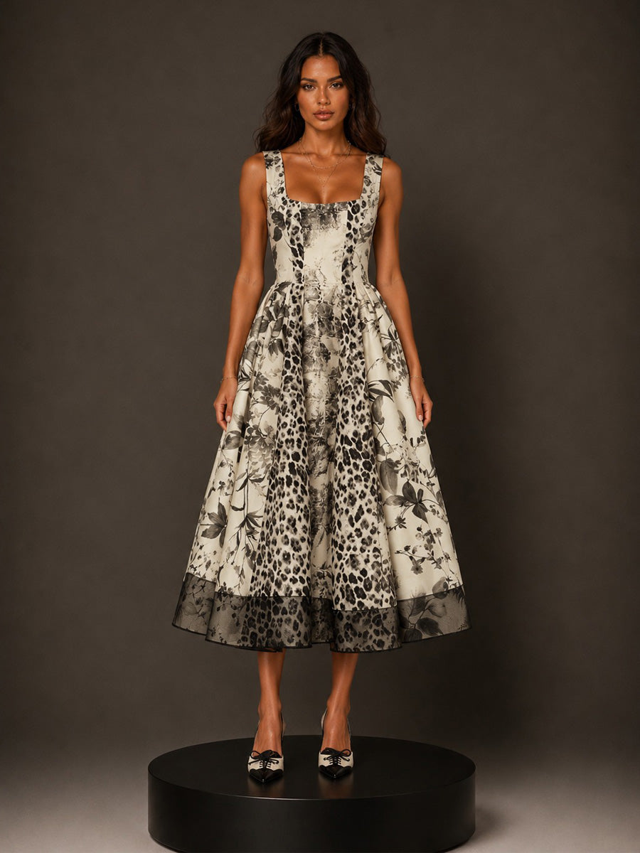 Noelle Ink Painting Print Square Neck Sleeveless Midi Dress