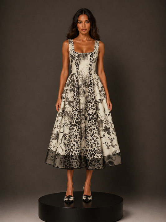 Noelle Ink Painting Print Square Neck Sleeveless Midi Dress