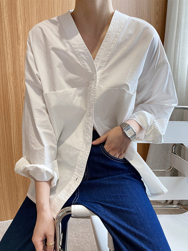 Long Sleeves Loose Buttoned Solid Color Split-Joint V-Neck Blouses&Shirts Tops