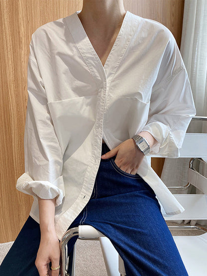Long Sleeves Loose Buttoned Solid Color Split-Joint V-Neck Blouses&Shirts Tops